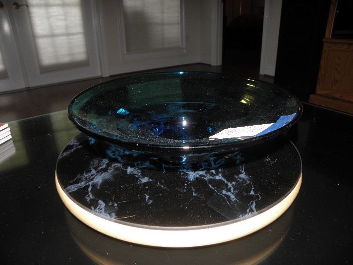 Blenko blue bowl and marble like lazy susan