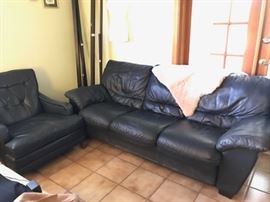 Leather navy sofa and matching chair