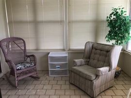 Wicker rocker, storage drawers and wingback chair