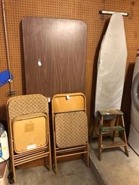 Folding card table and chairs, folding banquet table, Ironing board and step stool