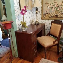 Kneehole desk, Victorian walnut chair, etc.