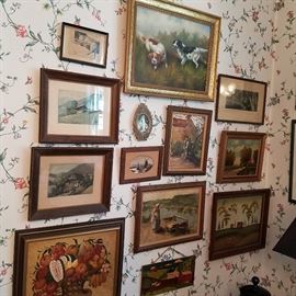 Cluster of wall art with original paintings, prints, etc.
