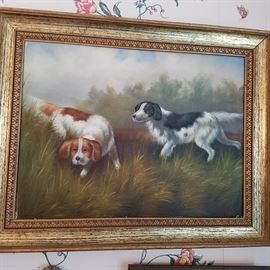 Painting of two dogs, appears to be from the 19th century, signed lower right
