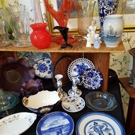 Mid-century glass on the top shelf, along with blue & white assorted plates, bowls, etc.  Lower right is Hadley