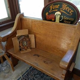 Small church pew, Cuckoo clock, Newer beer sign made to look vintage......