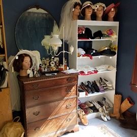 Vintage dresser & round mirror, hats, gloves, shoes, etc.
