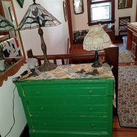 Ca. 1880 chest, painted green, lamps, etc.