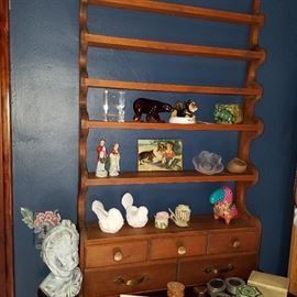 Wall shelf and knickknacks. Note:  Frosted glass flower on middle shelf is signed Lalique and will be in the showcase on sale day ;-)