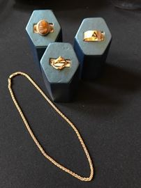 14k gold necklace, gold rings