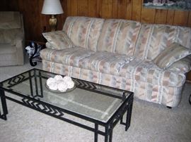 Couch, glass & iron table, pair of end tables