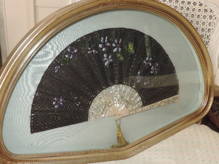 unique 19th Century beaded fan / framed with mother of pearl sticks...this is a GREAT ITEM !
