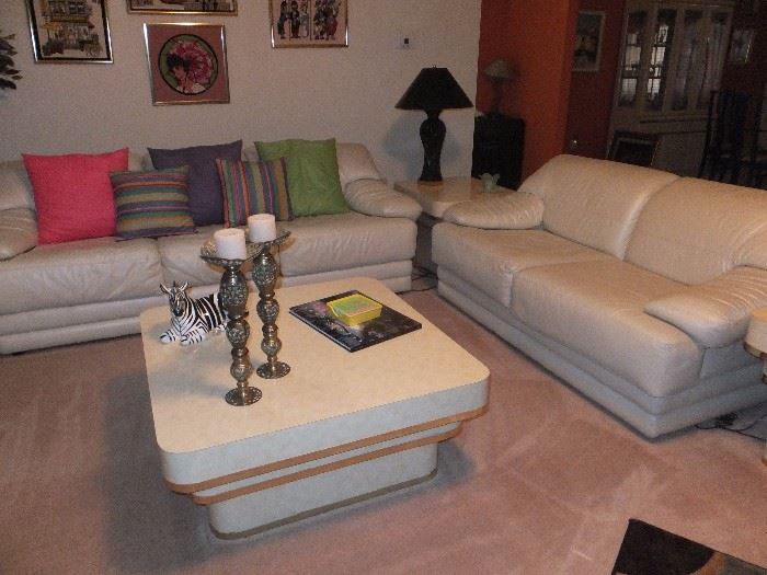 living room - cream fine leather sofa and love seat