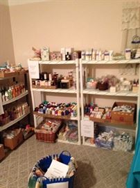 Two of several shelving units stocked with new Avon products!