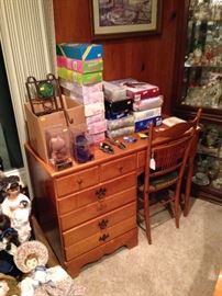 Nice solid wood desk and matching chair. New in package Barbie dolls from Avon!