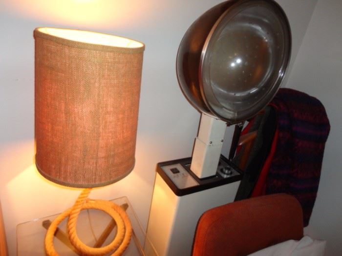 end table, cool rope lamp, & Wow Gemini by Koken salon style bonnet hair dryer that works