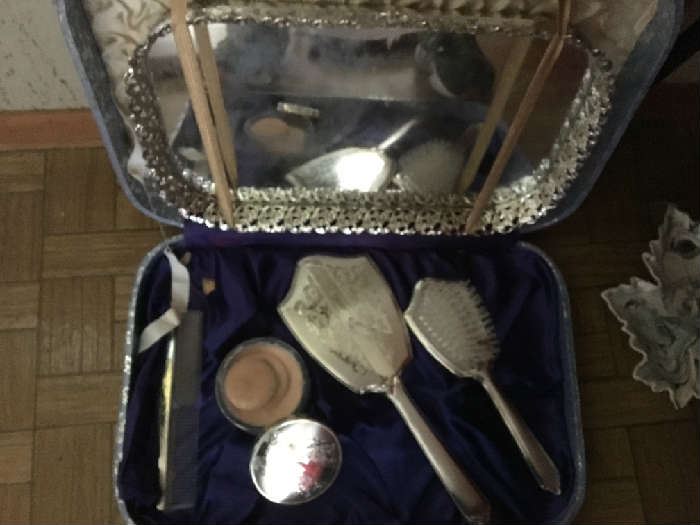 Vintage dresser set with tray, mirror, brush, hair collector enclosed in beautiful case
