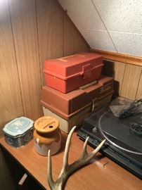 Tackle boxes, honey pot, techies record player, 4 point antlers