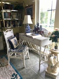 Vintage wicker writing desk & chair, and elephant garden stool