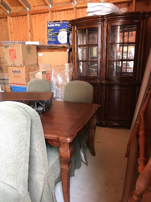  Hutch, dining room table and upholstered, chairs 