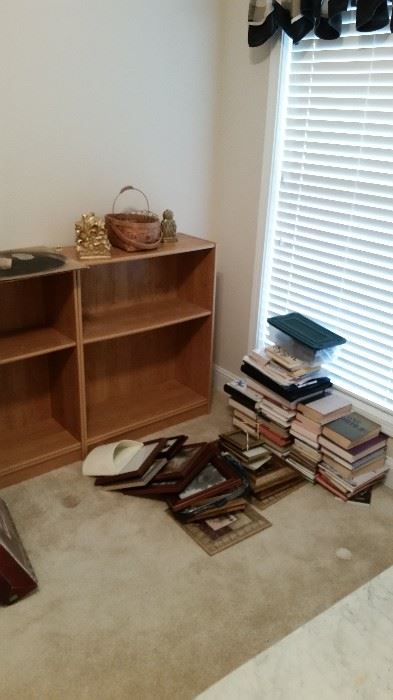 Three wooden low bookcases-ALL SOLD, books, frames, bookends
