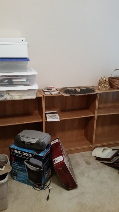 Wooden low bookcases-ALL SOLD, paper shredder, CD player/stereo, storage containers