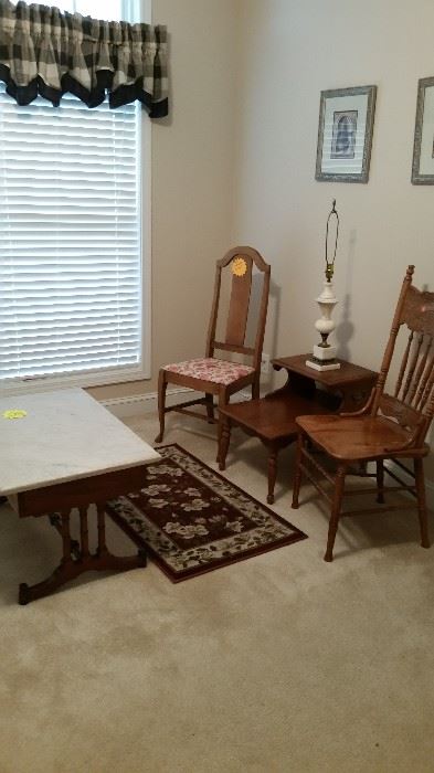 Early American side table, marble lamp (with shade, not photographed), 2 side chairs, Victorian marble top coffee table with drawer-SOLD, small area rug, 2 wall pictures/decor, 2 black plaid valances-SOLD.