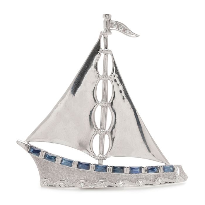 18K White Gold Sailboat Brooch Featuring Diamonds and Sapphires