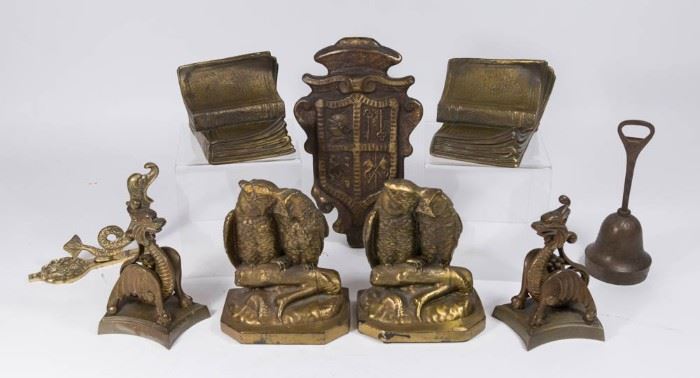 Lot 14: Lot of Metal Items Including Owls, Griffin Bases, Bookends, and More
