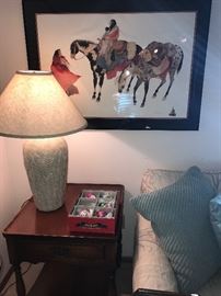 End table, lamp and C. Griggs framed artwork