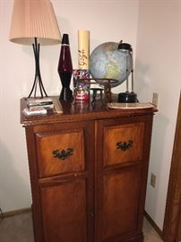 Two door storage cabinet, lamp, lava lamp, globe and more