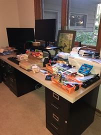 Office desk, two drawer metal file cabinets and office misc items