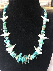 Turquoise and figural bird bead necklace