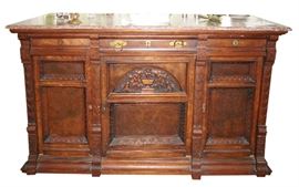 Antique Burl cabinet, marble top $490