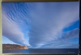 Giclee print on canvas of Split Rock Lighthouse and amazing clouds. 23x34
