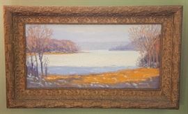 Maxwell Bay, Lake Minnetonka, winter morning. Oil on canvas. 8x16, ornate vintage frame.