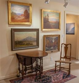 Mahogany drop leaf table, and antique cane seat rocker. Assorted antique oil paintings