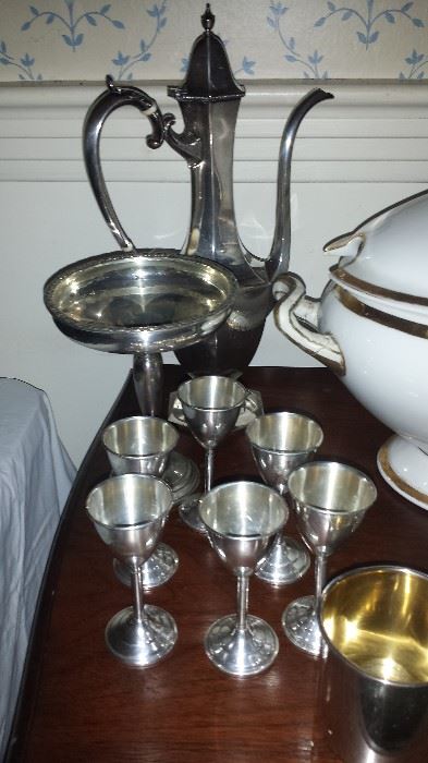 Sterling Tall demitasse Pot, Sterling Compote, Sterling Stems