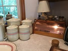 Copper bread box, pottery canisters