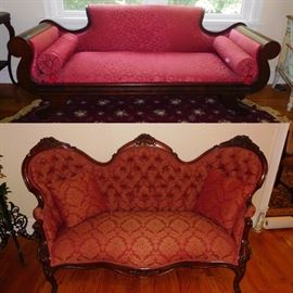 Victorian rolled arm sofa and elaborate loveseat