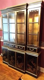 Chinoiserie China Cabinet Black Lacquer Breakfront  Painted - $1200