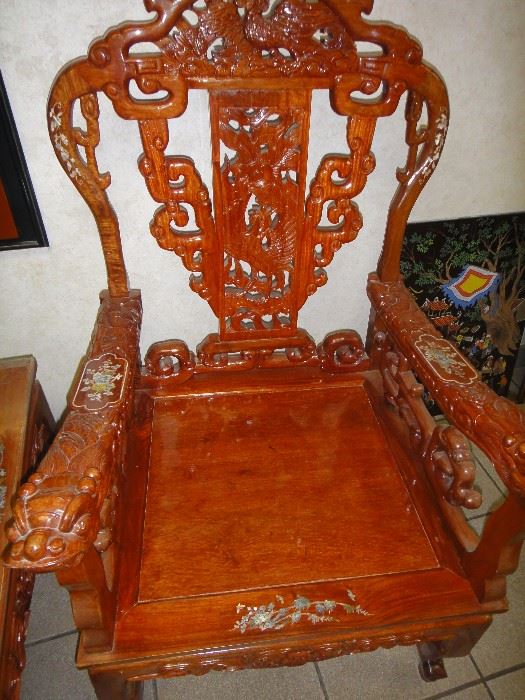 Rosewood, mother of pearl inlaid chair, matching set.