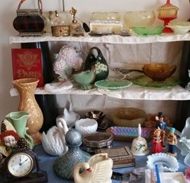 Vintage purses, pottery, Depression glass, Fenton glass, Amberina