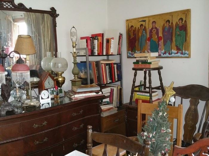Books on Opera and collecting interests, project furniture, Byzantine hand-painted icon of God with the Archangels