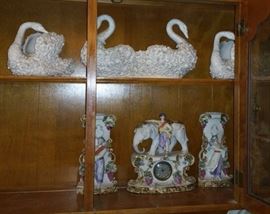 Clock and vase set, White floral Swan vases and console bowl