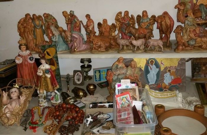 Large painted nativity set, religious items
