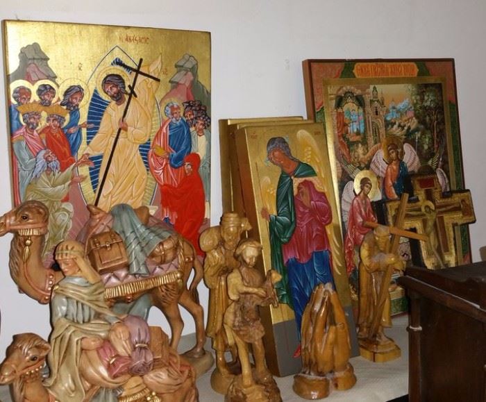 Carved wood religious figures, more hand-painted icons