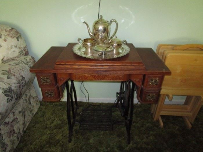 Antique Sewing Machine, Silver Plate Serving Set