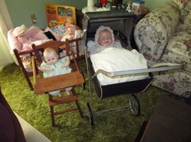 Antique & vintage dolls, buggy, high chair, crib