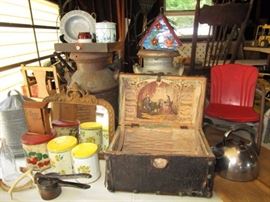 Small antique trunk, child's metal chair, milk cans, vintage mirror & kitchen items.