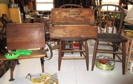 Antique school desk, 4 antique wooden chairs, antique wooden knife box, etc.